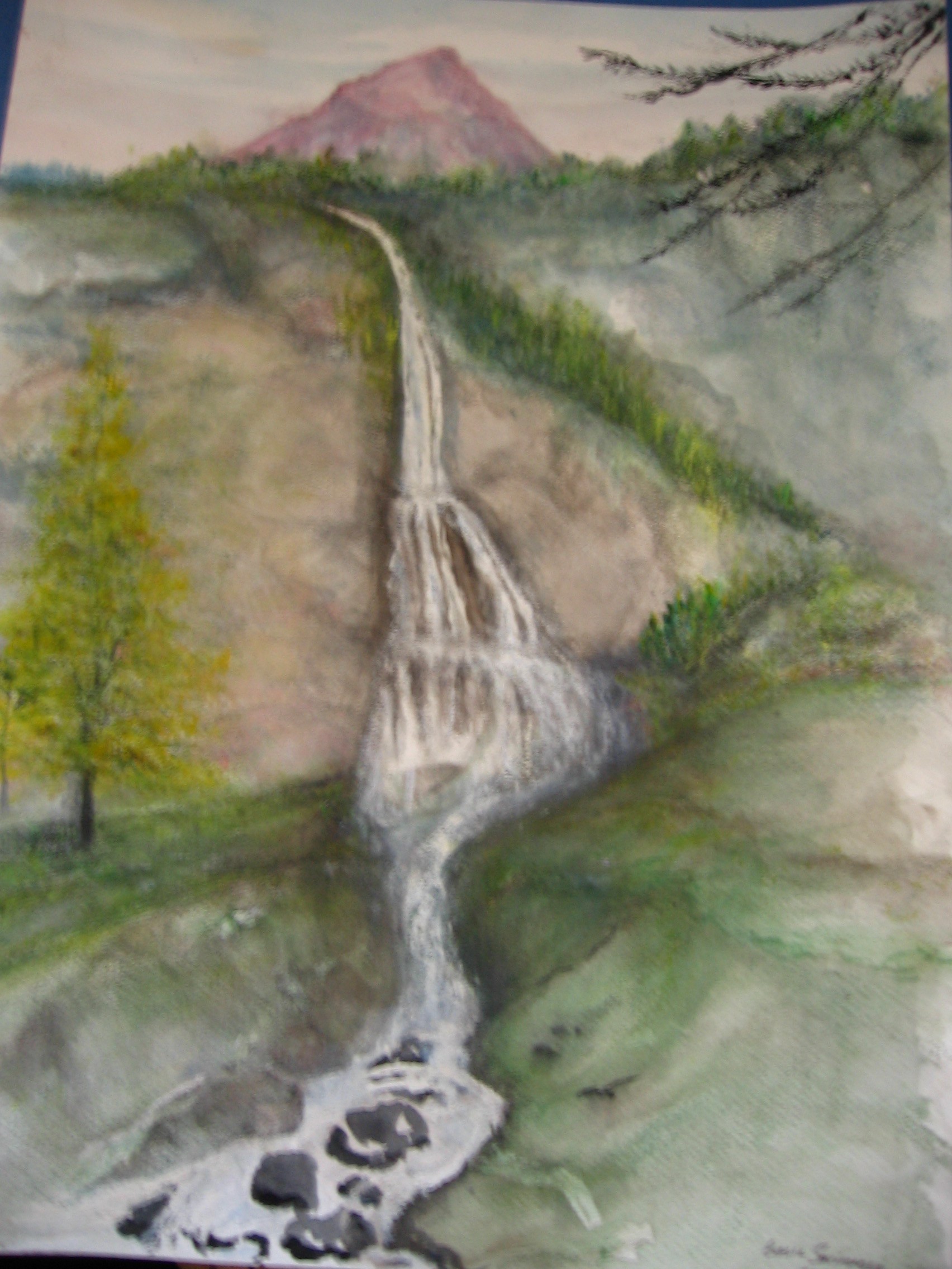 a painting of a waterfall